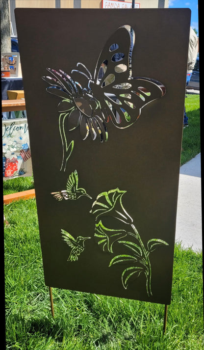 garden panel featuring butterfly and hummingbirds